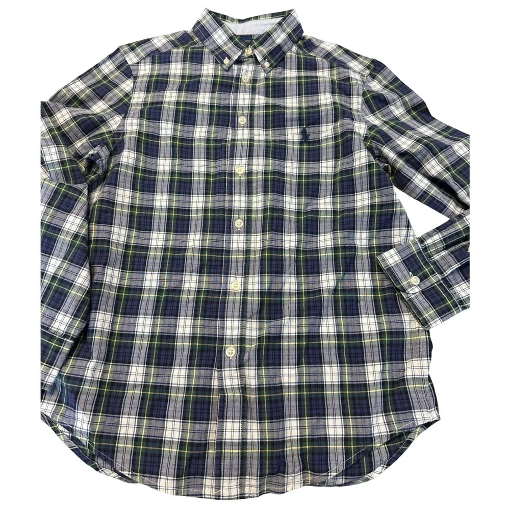 Ralph Lauren Boys Blue Green Plaid Button Down Shirt Size M 10-12 Long‎ Sleeve